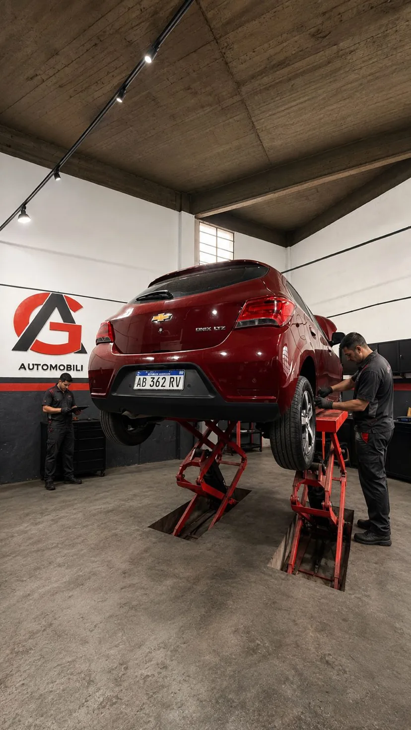 El taller de Automobili Group: un auto en el elevador y el equipo trabajando